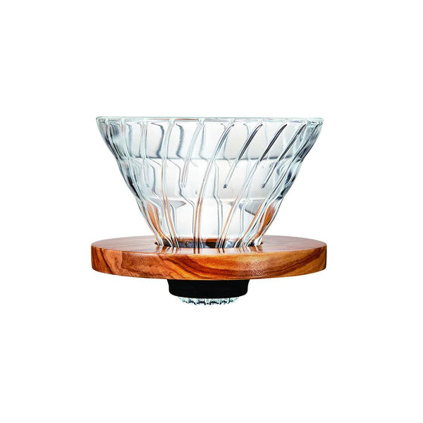 HARIO V60 GLASS COFFEE DRIPPER OLIVE WOOD SIZE 01 + 02